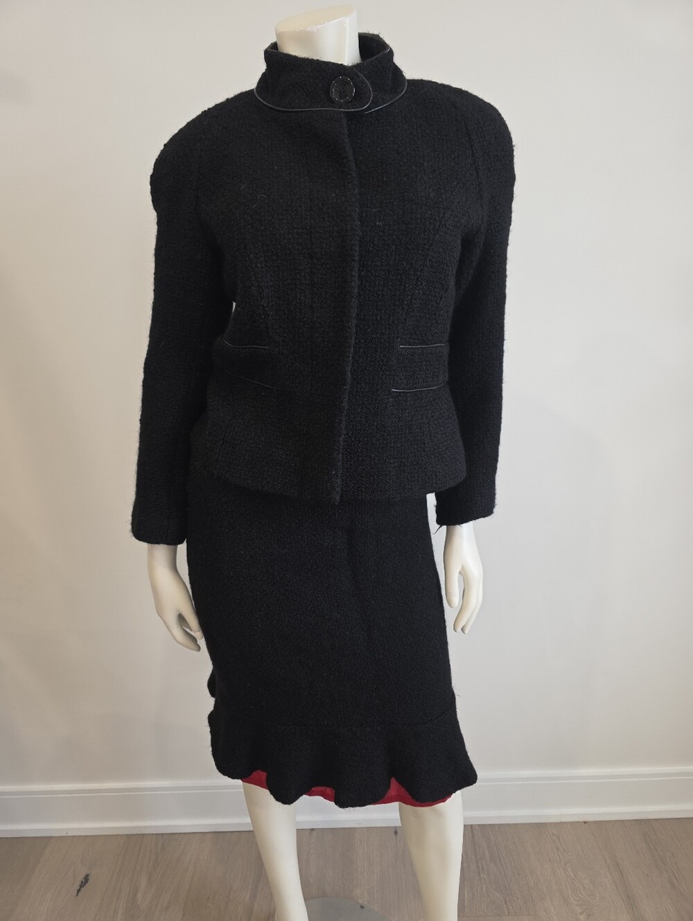 Prestige Petite Classic Black Wool Tweed Skirt Suit Set Blazer With Stand Collar